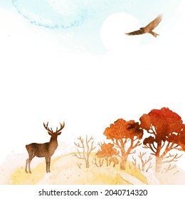 Vektorwasserfarbenvorlage. Handgezeichneter Rahmen mit Hirsch, Vogel, Wald und Platz für Text oder Illustration. Herbstlandschaft mit Aquarellfarben. Alle Elemente, Texturen sind einzelne Objekte