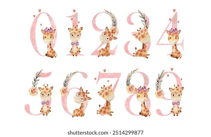 Vector watercolor numbers with giraffes for invitation card, nursery poster and other.