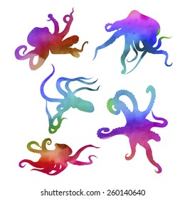 Vector watercolor octopus, set of silhouettes