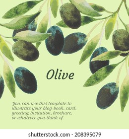 vector watercolor olive oil branches. colorful backdrop. hand drawn painting for cooking, vegetarian, menu, organic, raw food illustration. Italy, Greece, Mediterranean cuisine
