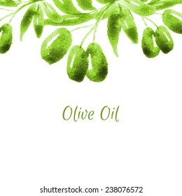 vector watercolor olive oil branches. colorful backdrop. hand drawn painting for cooking, vegetarian, menu, organic, raw food illustration. Italy, Greece, Mediterranean cuisine