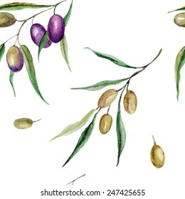 vector watercolor olives seamless pattern. It can be used for wallpaper, fabric design, textile design, cover, wrapping paper, banner, card, background, recipe, menu