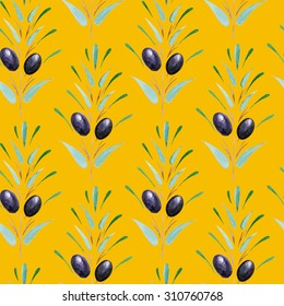 vector watercolor olives seamless pattern. Traditional provence pattern.It can be used for wallpaper, fabric design, textile design, cover, wrapping paper, banner, card, background, recipe, menu