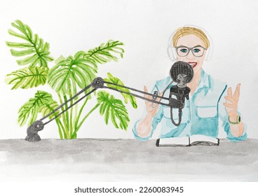 Vector in watercolor on watercolor paper shows a woman in an office. She is speaking into a microphone and recording a podcast. In the background there is a monstera plant.