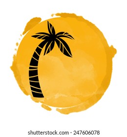 Vector watercolor orange grunge geometric circle paint stain with splash and hand drawn coconut palm tree closeup black silhouette. Painted frame design. Bright colors. Abstract art