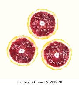 Vector watercolor orange slices and hand drawn doodle elements. Hand painted circles collection.