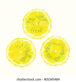 Vector watercolor orange slices and hand drawn doodle elements. Hand painted circles collection.