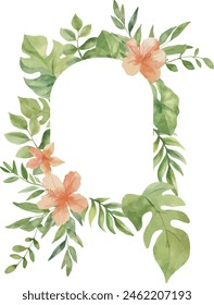 Vector Watercolor oval frame with beautiful flowers, monstera, palm leaves. Template space for text. Greeting cards, invitation, gender party, baby shower, birthday, event, holiday, wedding card.