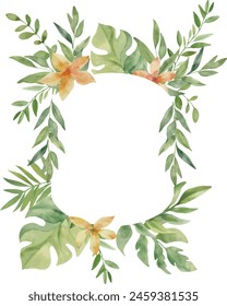 Vector Watercolor oval tropical frame with flowers and leaves. Template space for text. Greeting cards, invitation, gender party, baby shower, birthday, event, holiday, wedding card, printable, png.