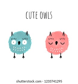 Vector watercolor owls. Hand-drawn style. The wonder and peace.