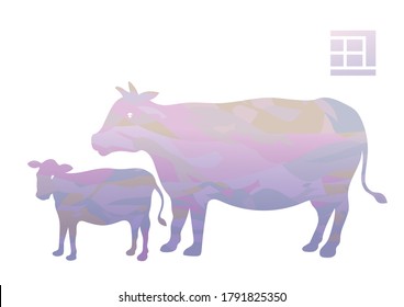 Vector Watercolor Ox Family Illustration With Japanese Vintage Zodiac Stamp. Year Of The Ox Symbol Isolated On A White Background. (Text translation: “Ox”)
