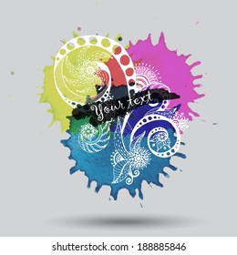 Vector watercolor paint abstract hand drawn floral design with heart and doodles