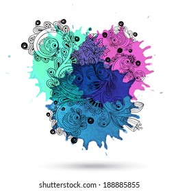 Vector watercolor paint abstract hand drawn floral design with heart and doodles