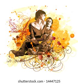 pintura de acuarela vectorial: dos amantes del fondo gris, flores tropicales y adorno floral vintage