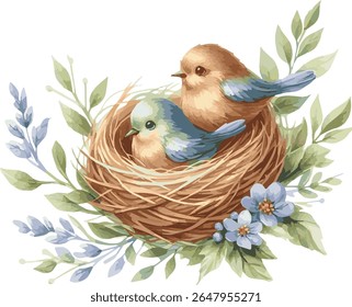 Aquarela vetorial pintada ilustração de um ninho adorável com pequenos pássaros