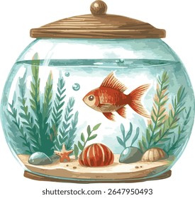 Aquarela vetorial pintada ilustração de um aquário com peixes