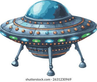 Vector watercolor painted illustration of a cute childish UFO