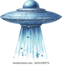 Vector watercolor painted illustration of a cute childish UFO