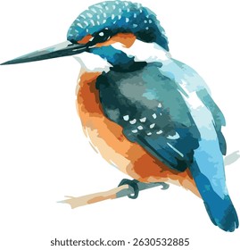 Vector watercolor painted illustration of a kingfisher