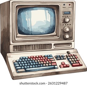 Vector watercolor painted illustration of a retro computer
