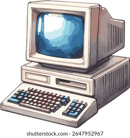 Vector watercolor painted illustration of a retro computer