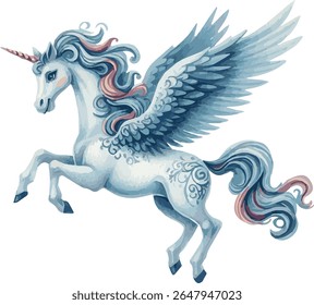 Vector watercolor painted illustration of unicorn pegasus