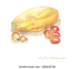 A vector watercolor painting of a melon and tomatoes and onions