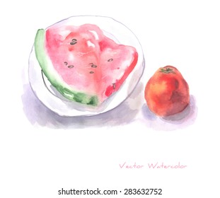 A vector watercolor painting of a slice of watermelon and a peach