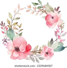 Vector watercolor painting wreath design with pink flowers and leaves, hand-painted floral bouquet isolated on a white background.