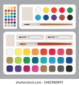 Vector watercolor paints box set with painting brushes clipart, Color palette guide, gouache, ink for drawing, artists color supplies. vector illustrations isolated on gray background