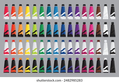 Vector watercolor paints tubes set, 16 shades color clipart, Color palette guide, gouache, ink for drawing, artists color supplies. vector illustrations isolated on gray background