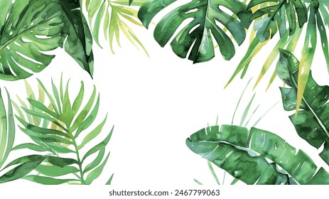 Vector watercolor palm leaves, summer poster background, summer travel web banner, palm day, tropical leaves,Summer sale	