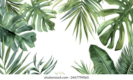 Vector watercolor palm leaves, summer poster background, summer travel web banner, palm day, tropical leaves	