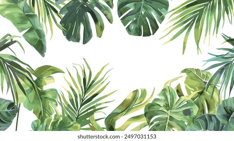 Vector watercolor palm leaves, summer poster background, summer travel web banner, palm day, tropical leaves