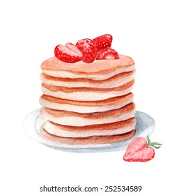 vector watercolor pancakes with strawberry. It can be used for card, postcard, cover, invitation