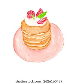 vector watercolor pancakes with strawberry. It can be used for card, postcard, cover, invitation. hand drawn food illustration isolated on white background.
