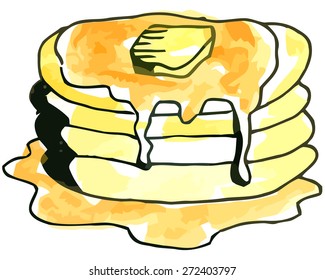 Vector watercolor pancakes with syrup on a white background