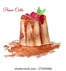 Vector watercolor panna cotta cake with leaves and berries on it. EPS10