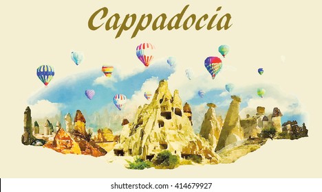 vector watercolor panoramic CAPPADOCIA illustration