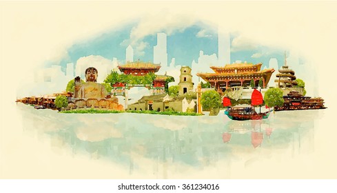 vector watercolor panoramic HONK KONG city illustration 