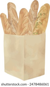 Vector Watercolor paper bag with baguettes , Illustrations for creative cooking, invitation, greeting cards, birthday, event, holiday, menu; cooking class; Master Class