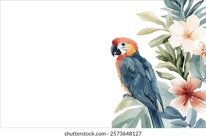 Vector watercolor parrot on branch, summer poster background, summer travel web banner, tropical, leaves, flowers	