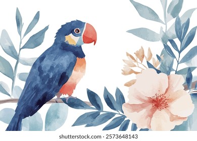 Vector watercolor parrot on branch, summer poster background, summer travel web banner, tropical, leaves, flowers	