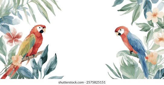 Vector watercolor parrot on branch, summer poster background, summer travel web banner, tropical, leaves, flowers	