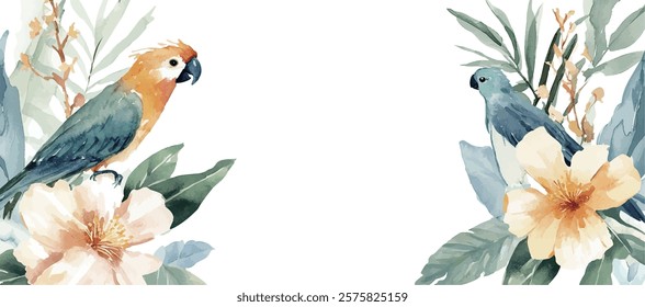 Vector watercolor parrot on branch, summer poster background, summer travel web banner, tropical, leaves, flowers	