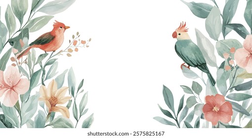 Vector watercolor parrot on branch, summer poster background, summer travel web banner, tropical, leaves, flowers	