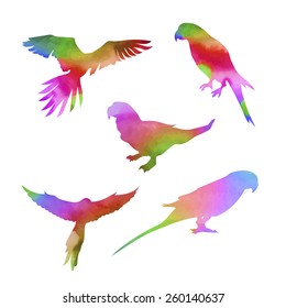 Vector watercolor parrot, set of silhouettes