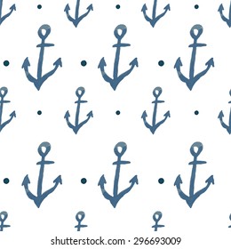 Vector watercolor pattern with anchors on white background 