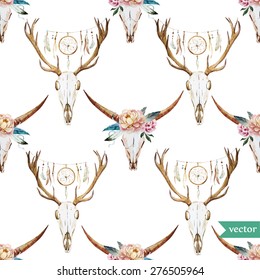 vector watercolor pattern deer head with peony and feathers in the style of bo-ho