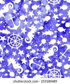 Vector watercolor pattern with marine life Seamless background.